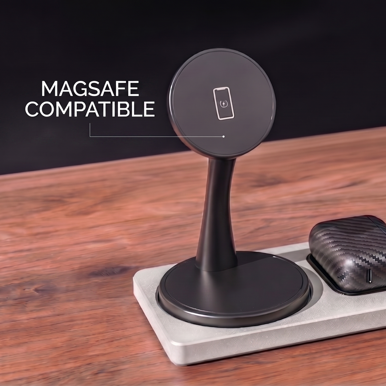 Wireless charging stand with Magsafe compatible device on a wooden surface