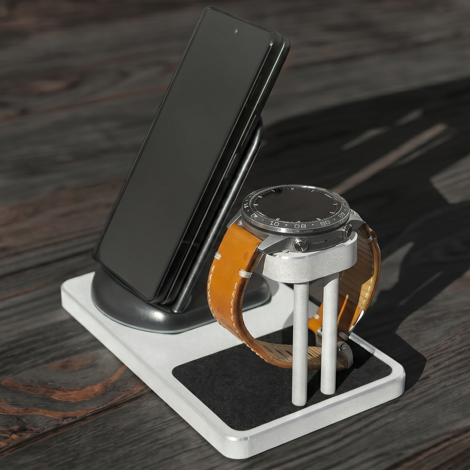 Phone and watch on a white stand on a wooden surface