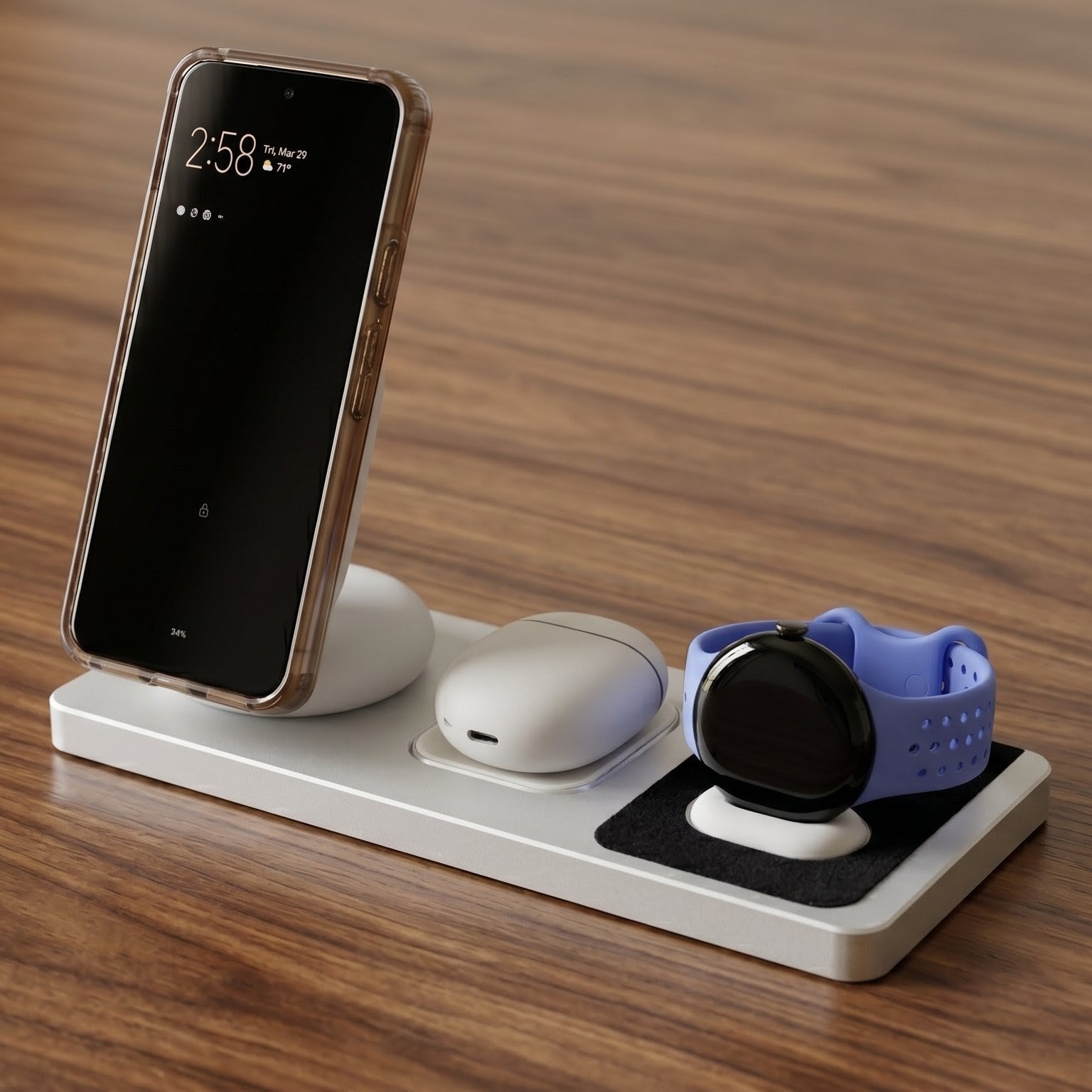 Multi-device charging station on a wooden surface with smartphone, smartwatch, and earbuds.