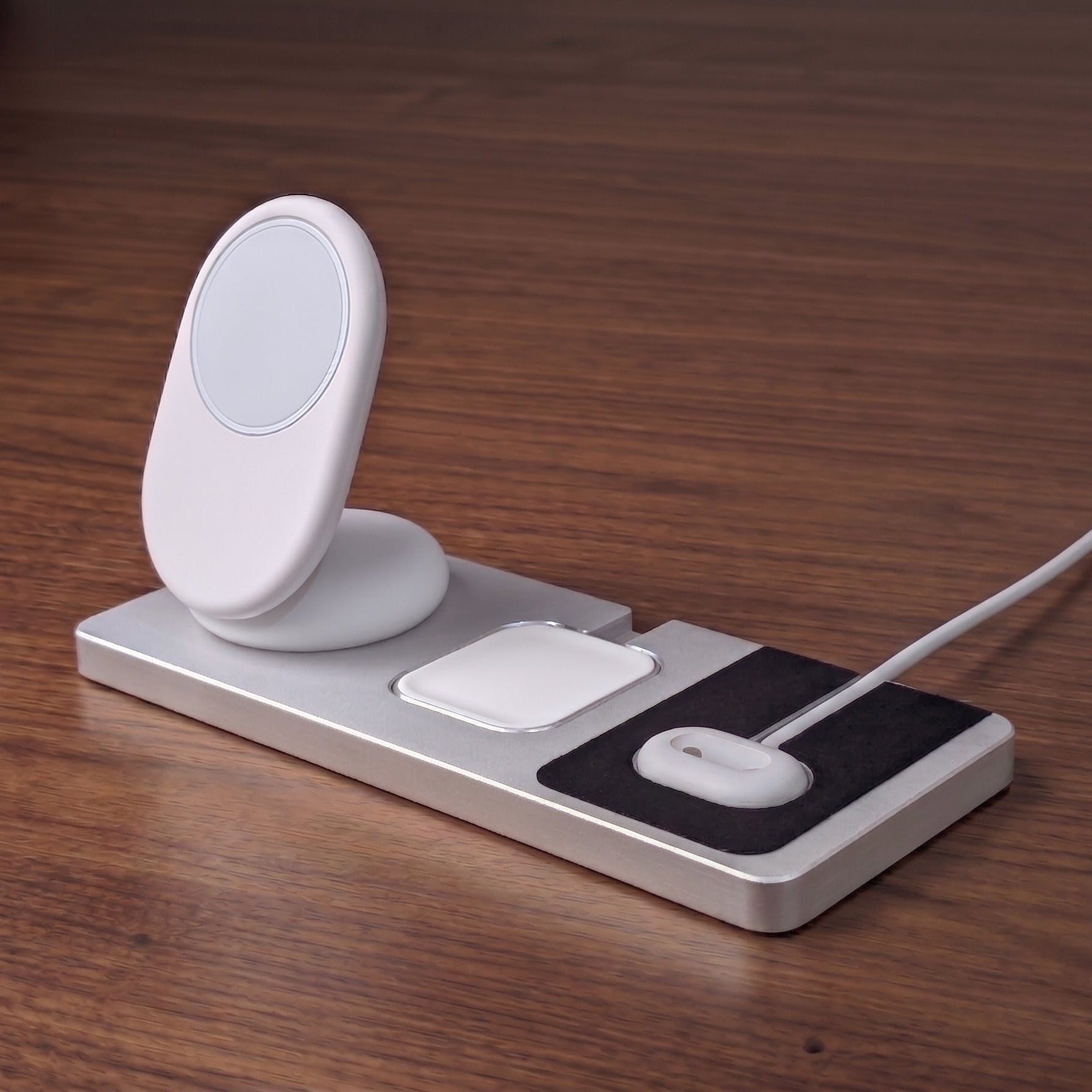 Multi-device charging station on a wooden surface