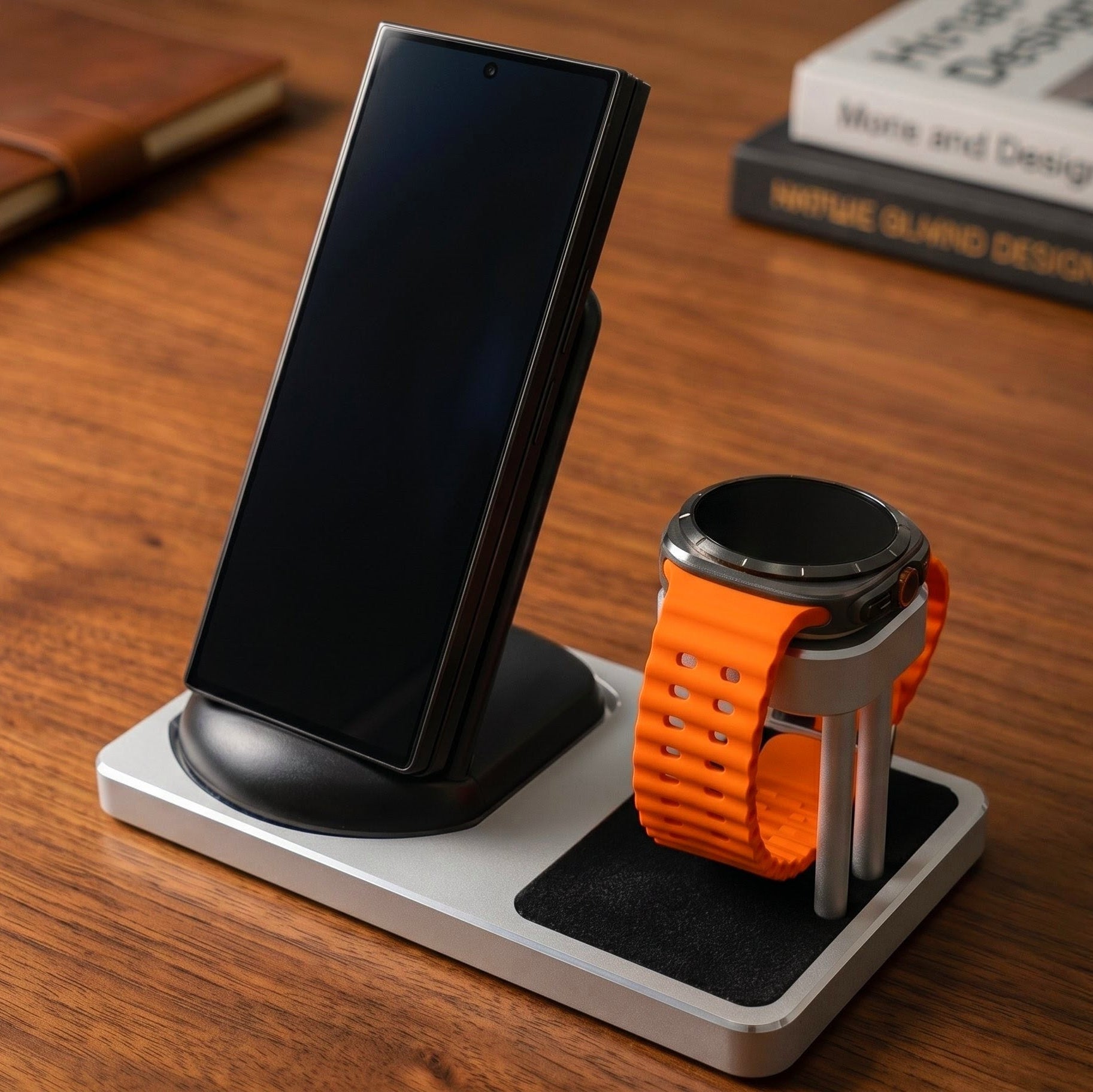 Wireless charging stand with smartphone and smartwatch on a wooden surface