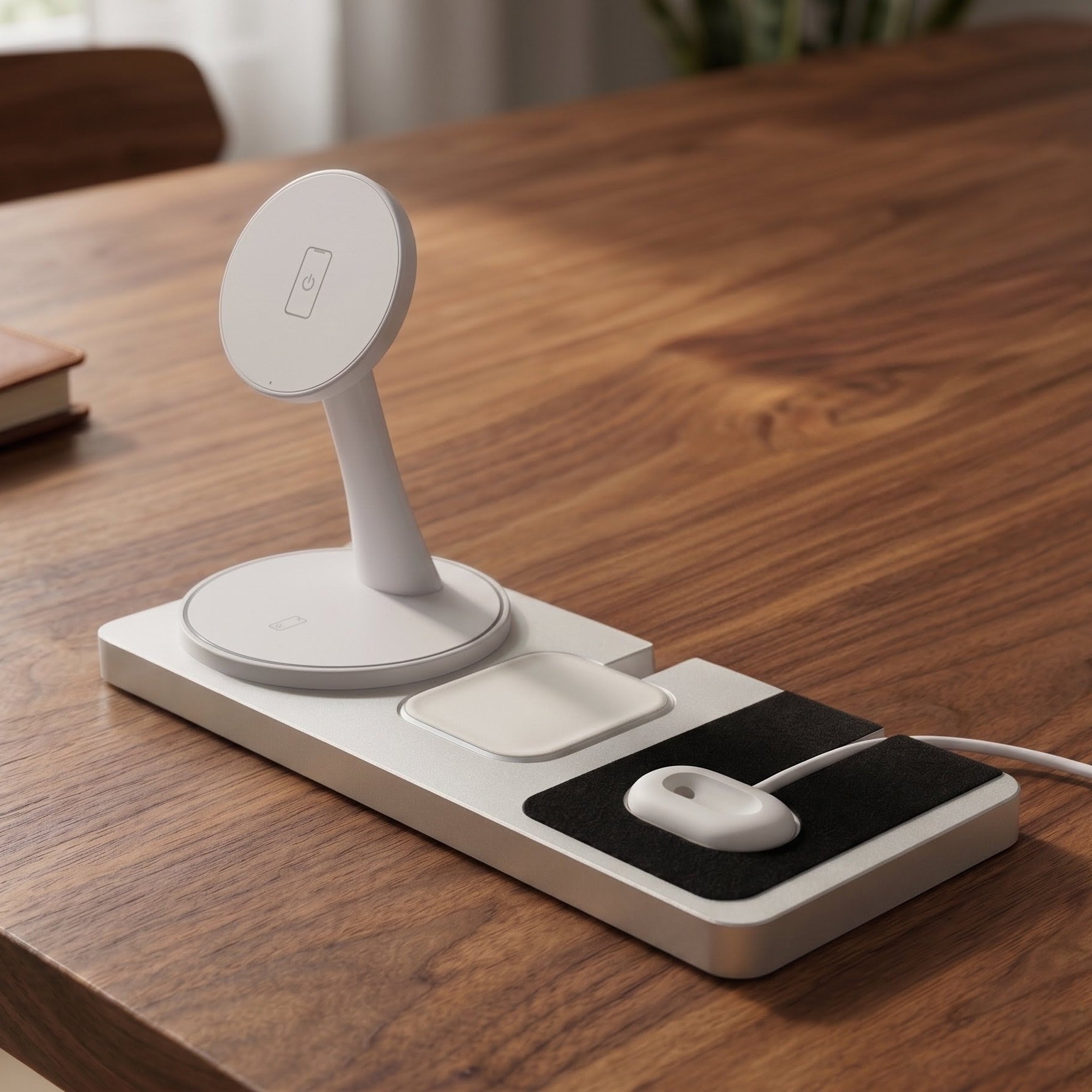 Desk organizer with phone stand, mouse pad, and cable management on a wooden desk.
